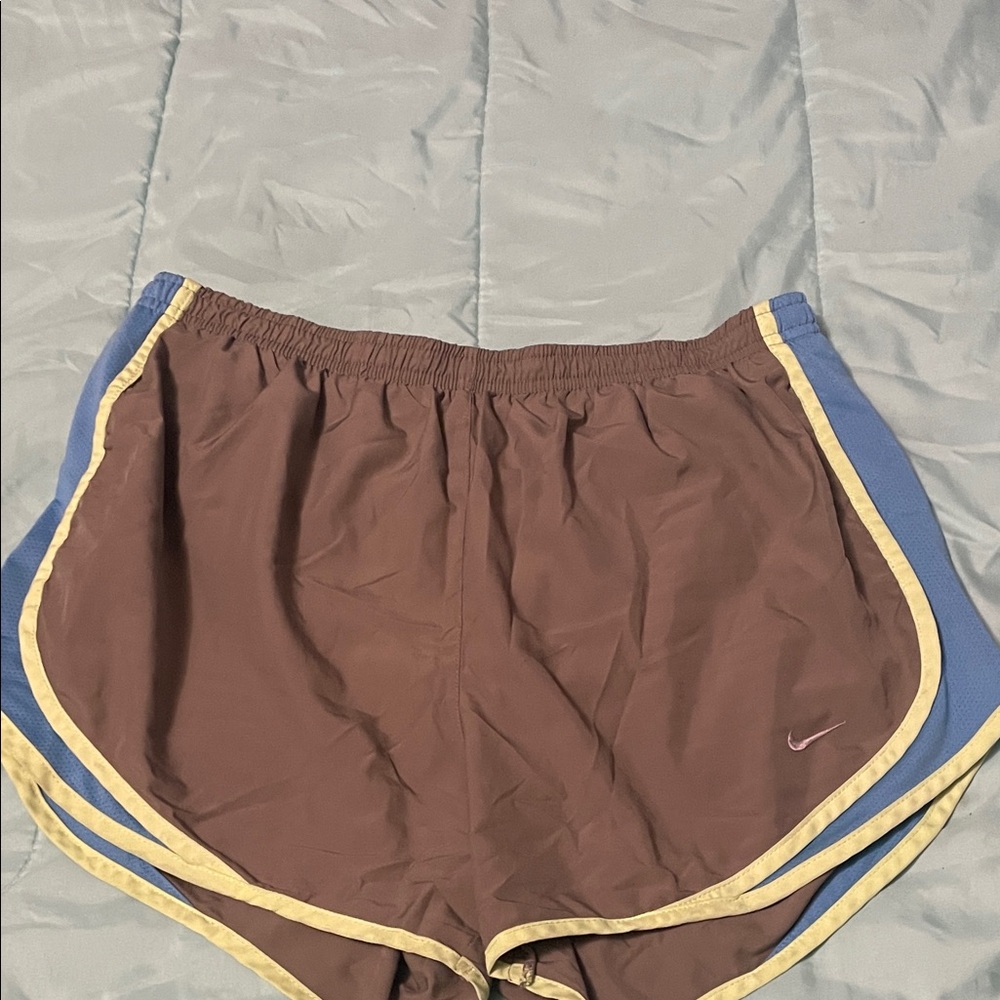 Nike Women's Brown Athletic Shorts with Blue Panels and Cream Trim